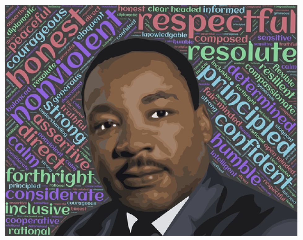 graphic illustration of Martin Luther King, Jr. surrounded by words that reflect his civil rights principles