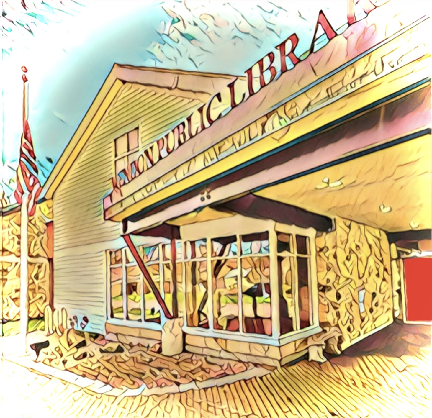 Filtered color image of entrance to Mendon Public Library