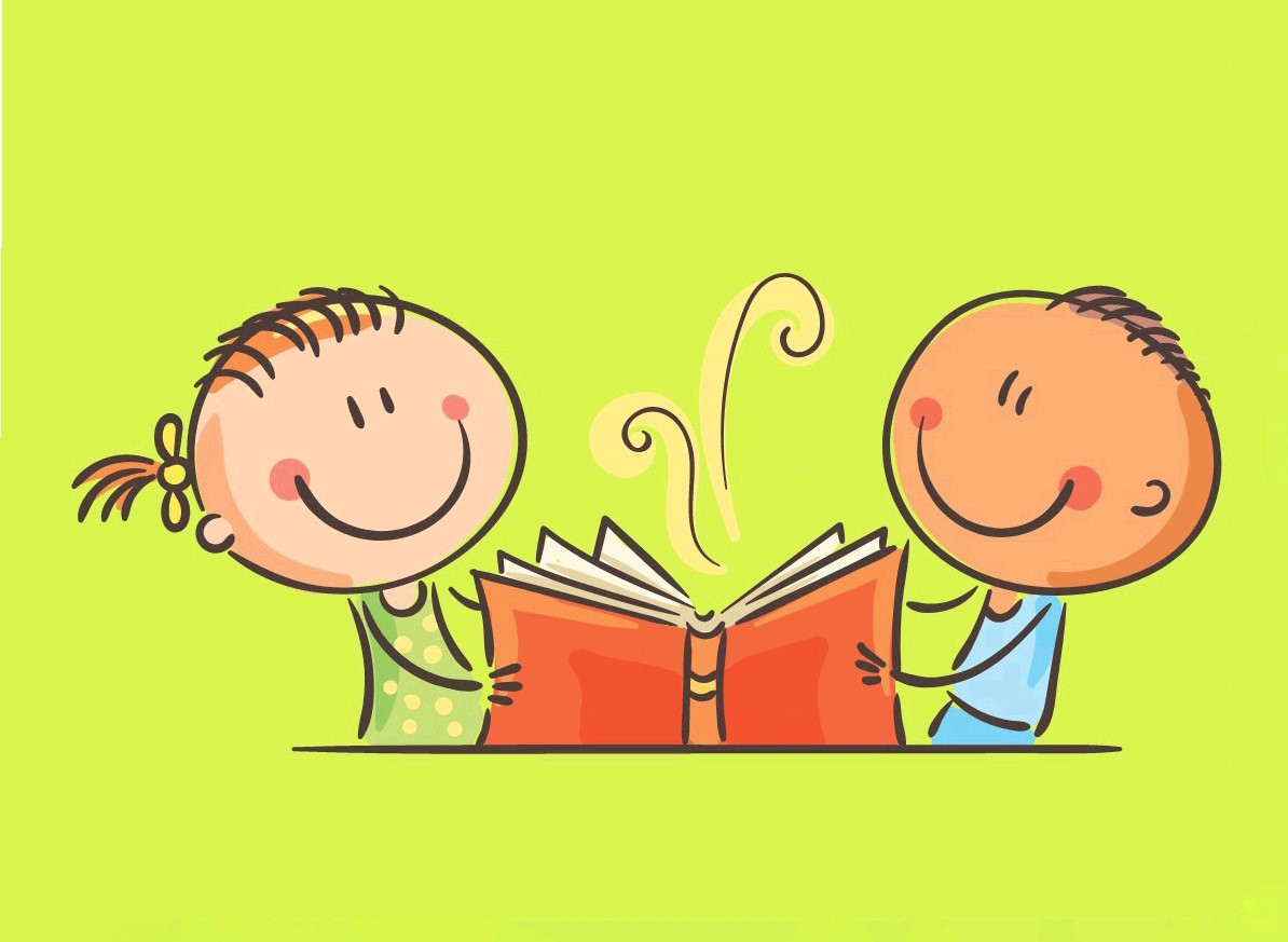 2 cartoon kids enjoying a book