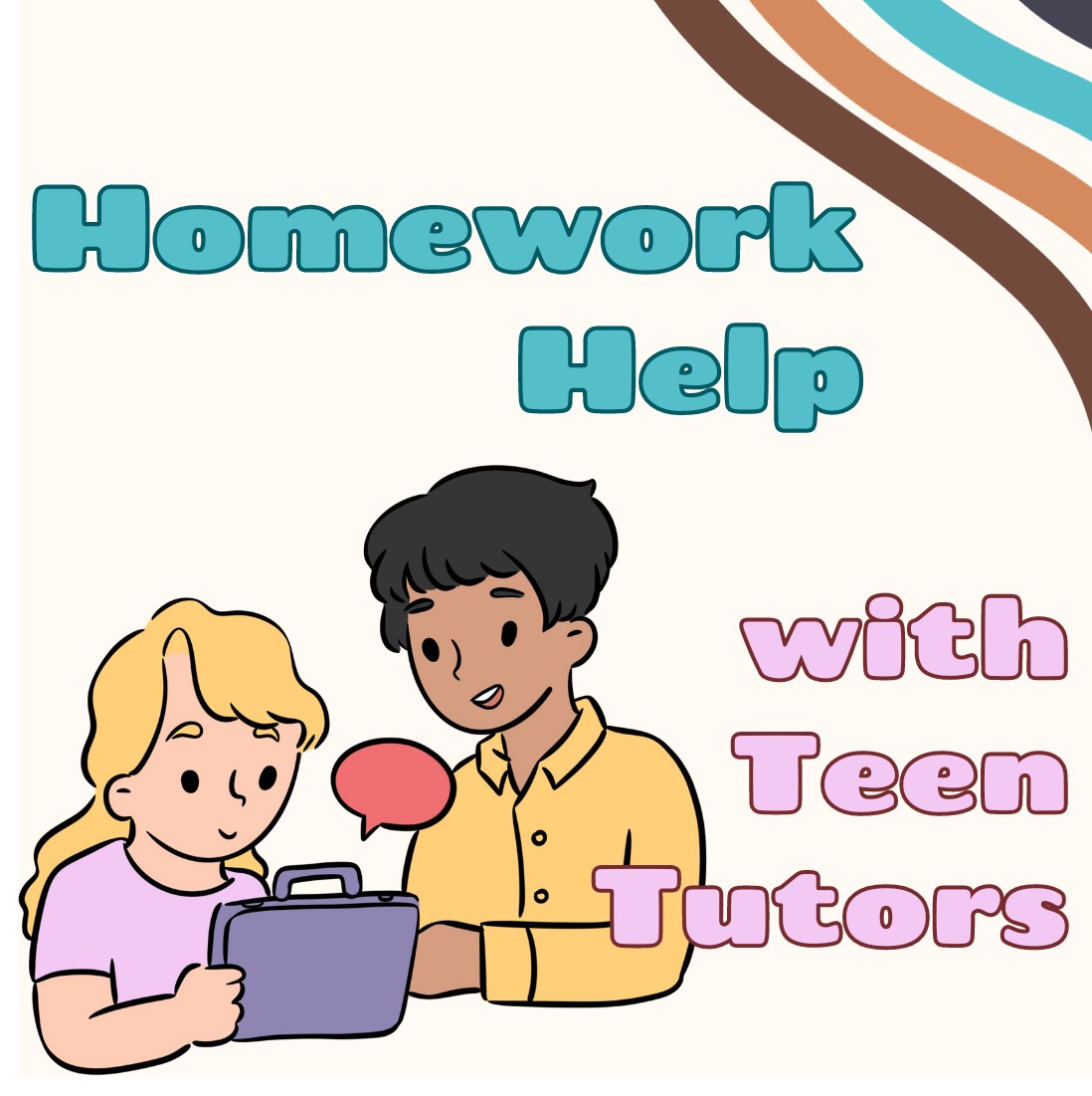 Graphic of a teenager tutoring a younger student with their homework.