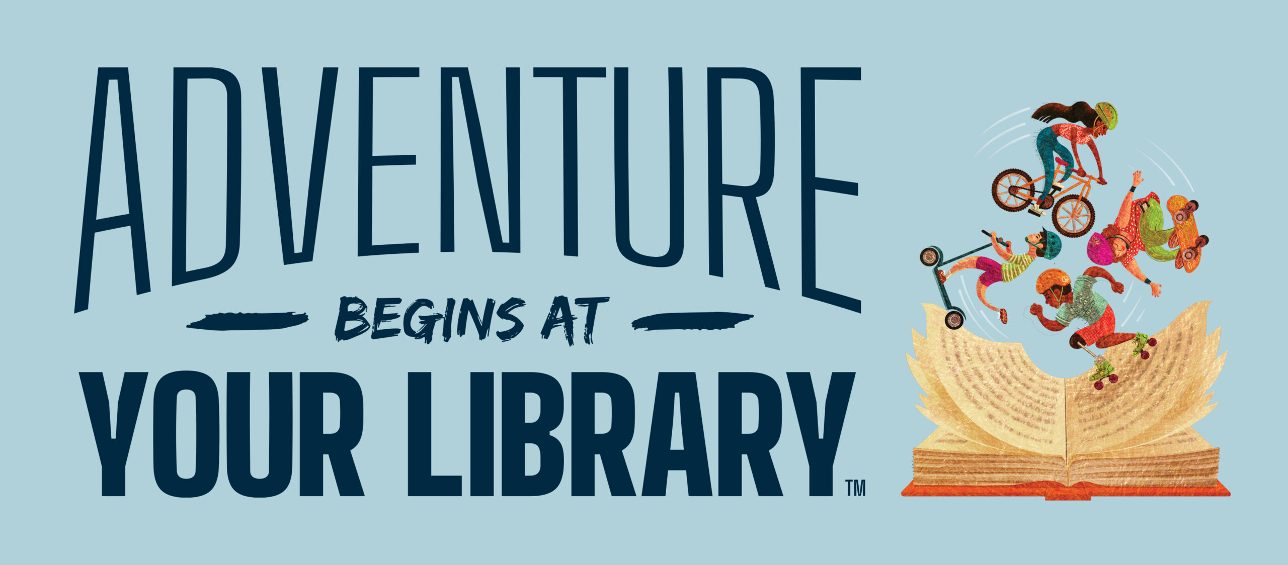 Trademarked graphic from "The Library Company" for 2024 Summer Reading Programs, showing an open book graphic with cartoon kids wheeling through the pages next to the message "Adventure Begins At Your Library!"