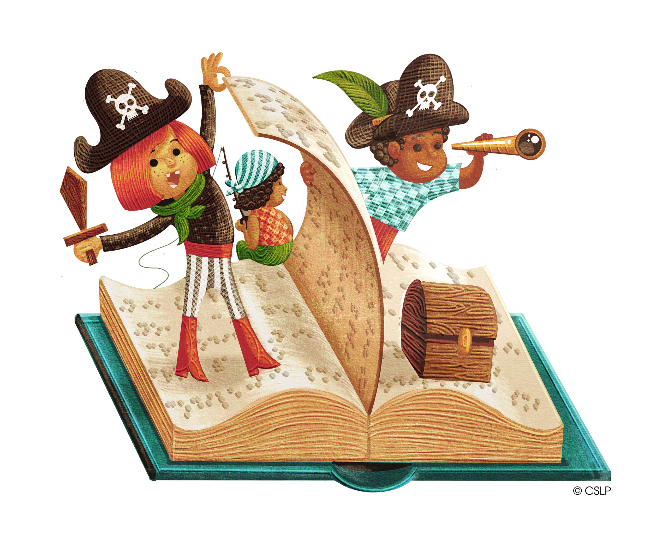 Cartoon of 3 children dressed as pirates standing on the pages of their boat, which is actually the open pages of a book.