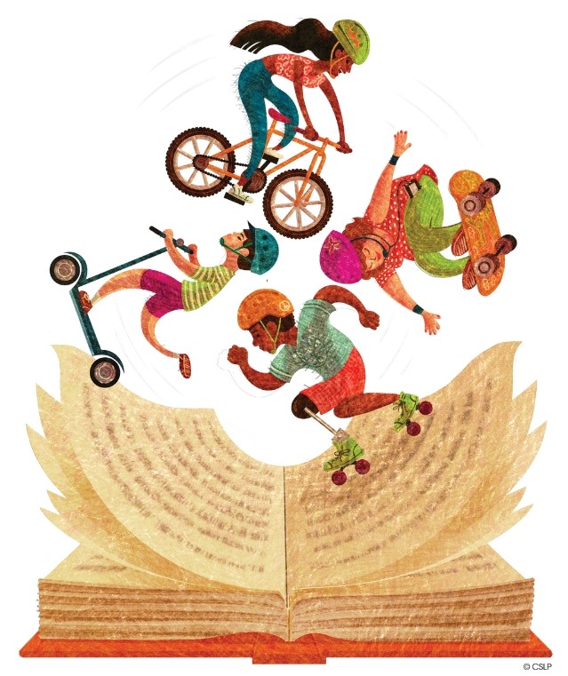 Graphic of an open book whose upturned pages are acting as a skate park half pipe to 4 kids riding and flipping.