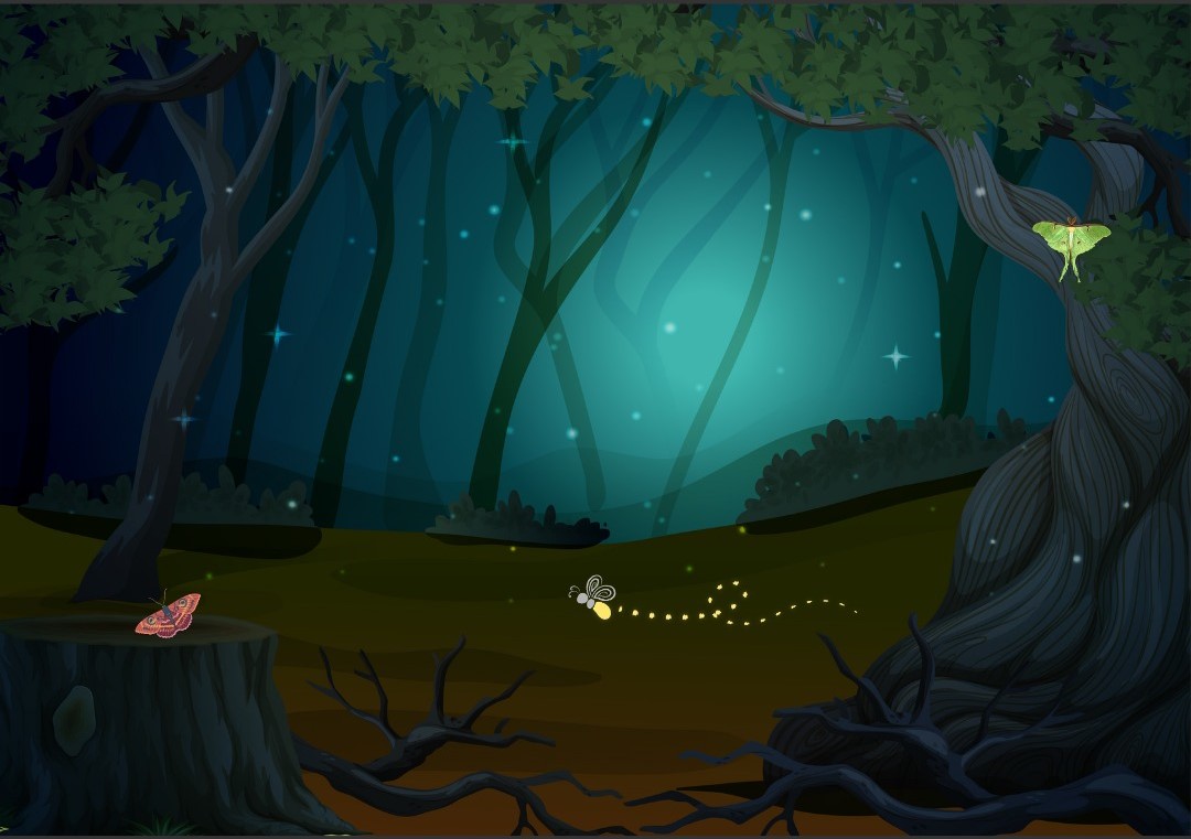 Graphic of a dusky nighttime near a forest path with a few nocturnal insects in view.