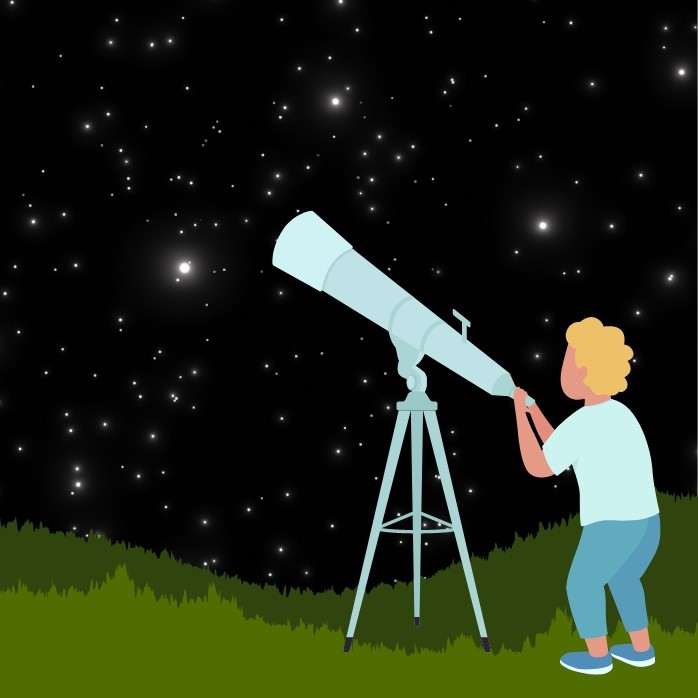 Graphic of a youngster standing in a starlit field ready to gaze up through a telescope.