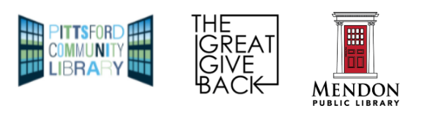 3 logos for Pittsford Library, The Great Give Back, and Mendon Library.