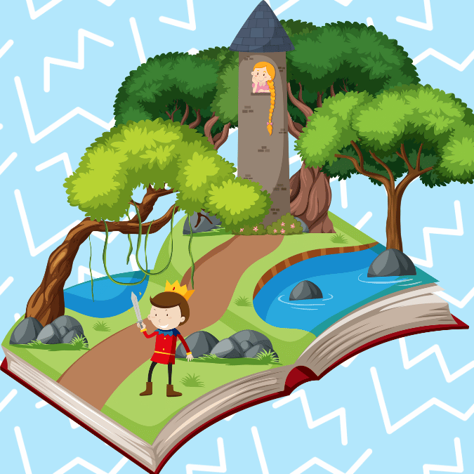 Colorful graphic of an open book with a scene of trees and water along a path where a prince is in front of and a tower with a girl looking out the top of a tower with her golden braid hanging down.