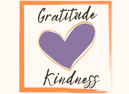 A purple heart in the center with the word gratitude above and the word kindness below.