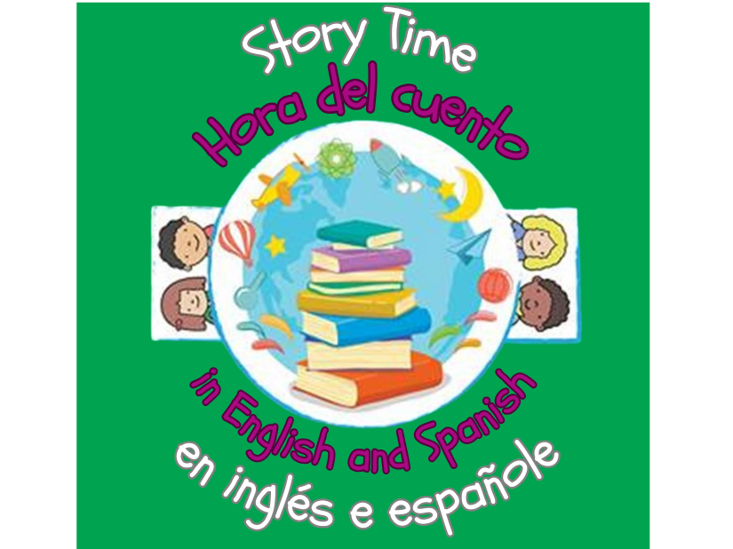 Text in Spanish and English encircles a globe with books in the center and 2 children on each side.