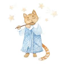 Cartoon cat in long blue dress playing a flute, with stars in the background.