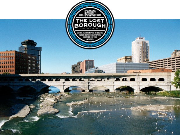 A photo of the Genesee River in downtown Rochester overlayed with the logo for "The Lost Borough".