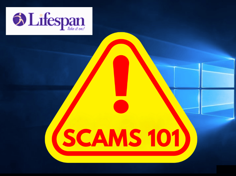 A yellow warning triangle with exclamation point above the words "Scams 101", and Lifespan's logo in upper left corner.