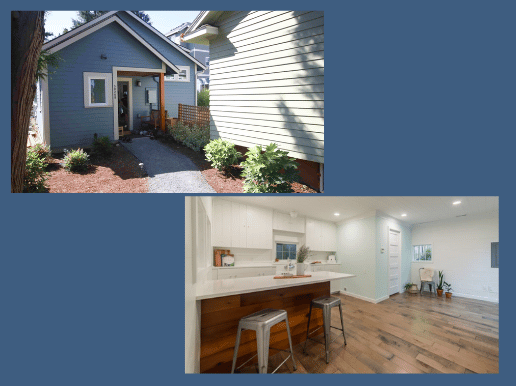 Photo of the front door and walkway of a small home, next to a photo of a small home kitchen.