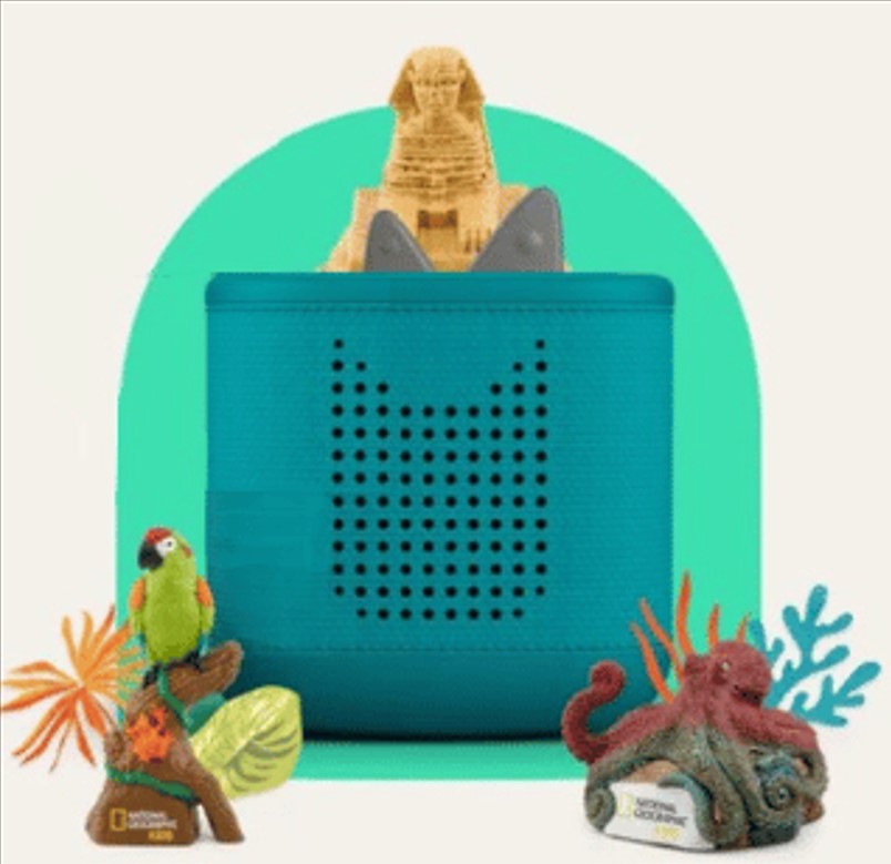 A teal Tonie box with an Egyptian sphynx on top, and 3 other National Geographic Tonie characters at the base.